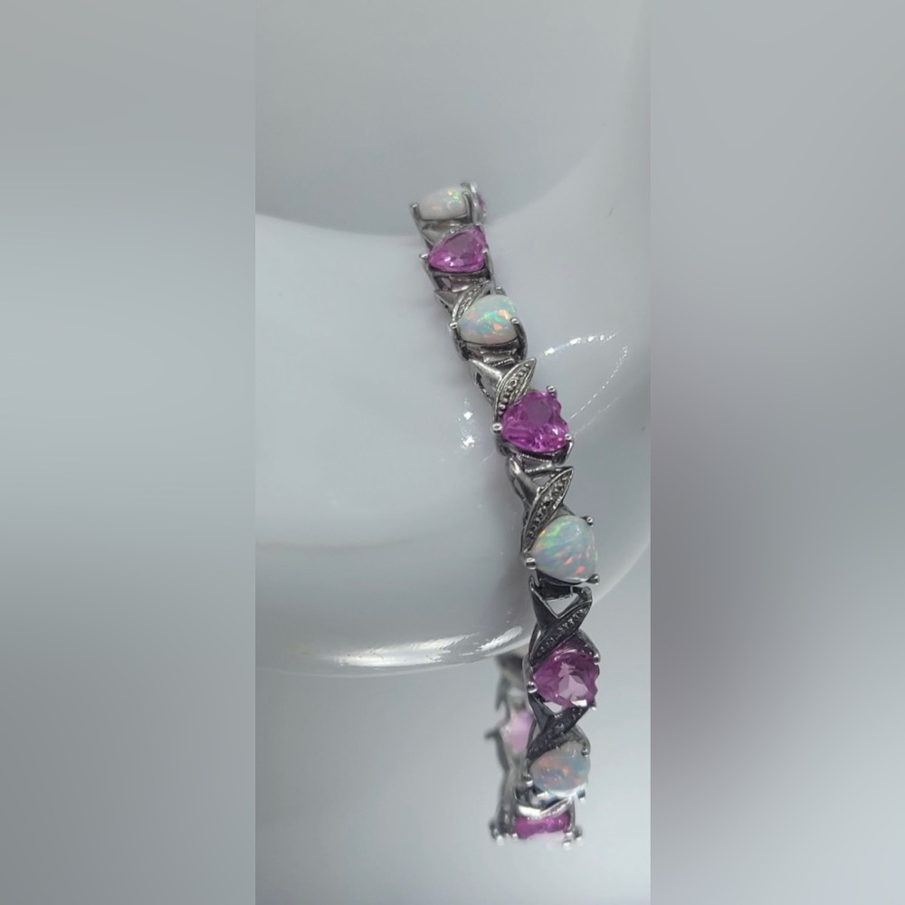 October Birthstone Tennis Bracelet Pink Sapphire, Opal & Diamond